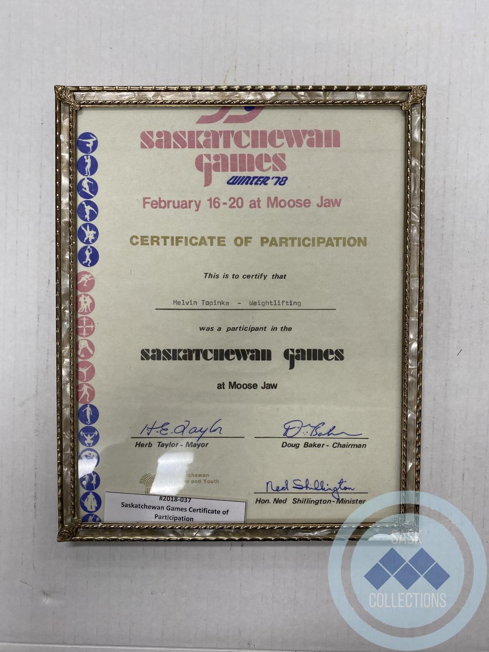 Saskatchewan Games Certificate of Participation