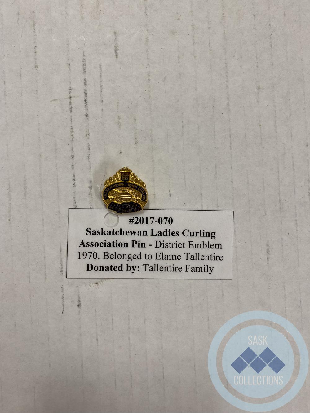 Saskatchewan Ladies Curling Association Pin - District Emblem 1970. Belonged to Elaine Tallentire