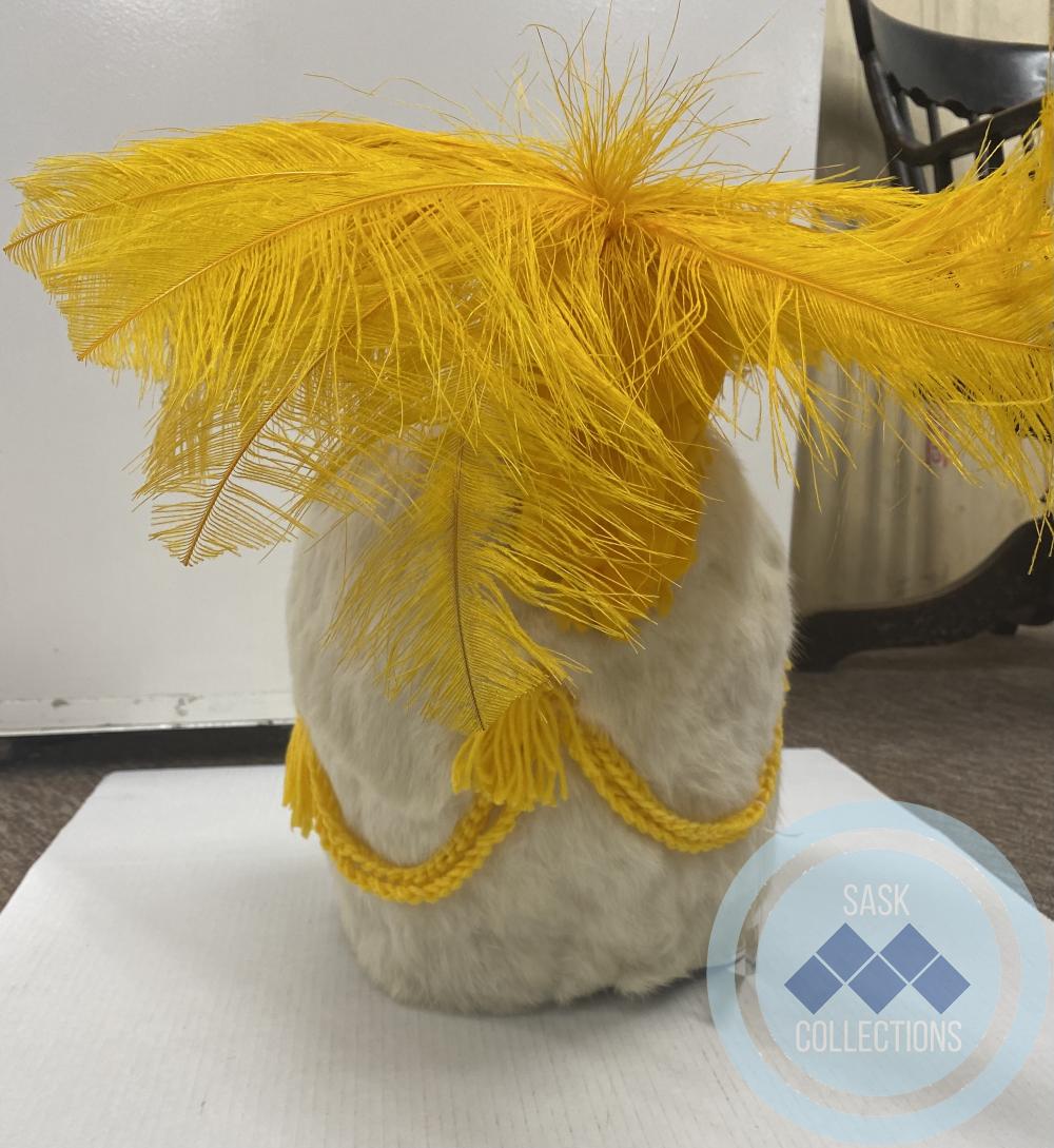 Busby and Feather- white hat and gold feather