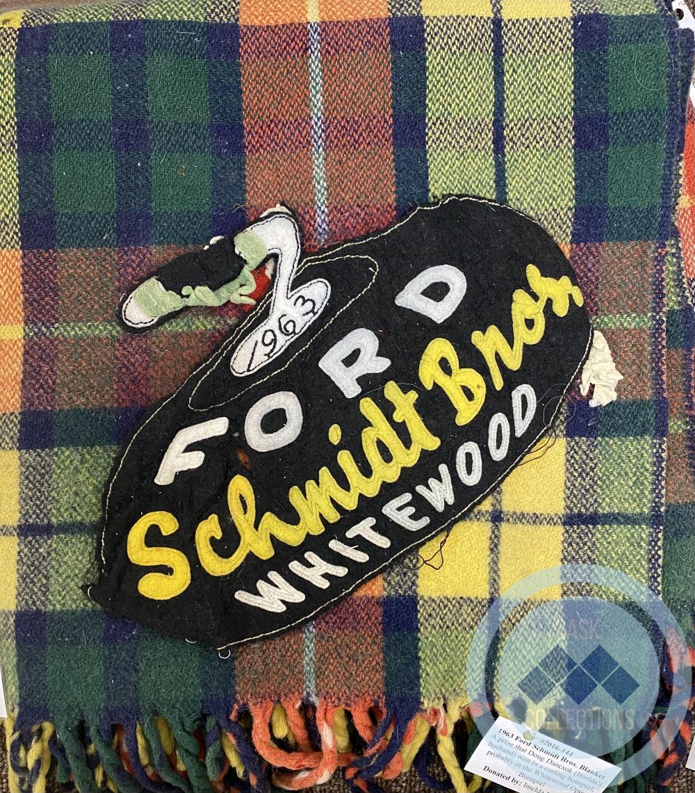1963 Ford Schmidt Bros. Blanket - A prize that Doug Dancsok (Imelda's husband) won in a curling bonspiel, probably in Whitewood Open Bonspiel