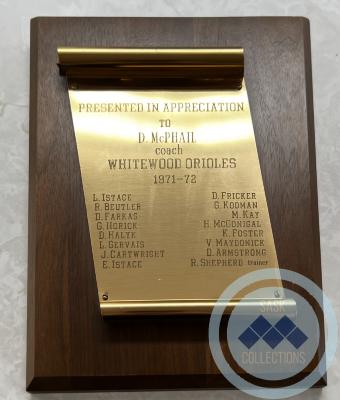 1971-72 coach plaque presented to Don McPhail.