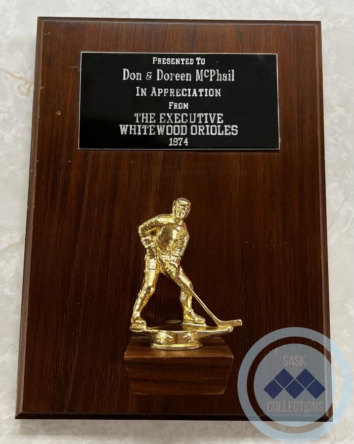 1974 Whitewood Orioles plaque presented to Don and Doreen McPhail.
