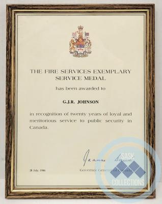 The Fire Services Exemplary Service Medal Certificate