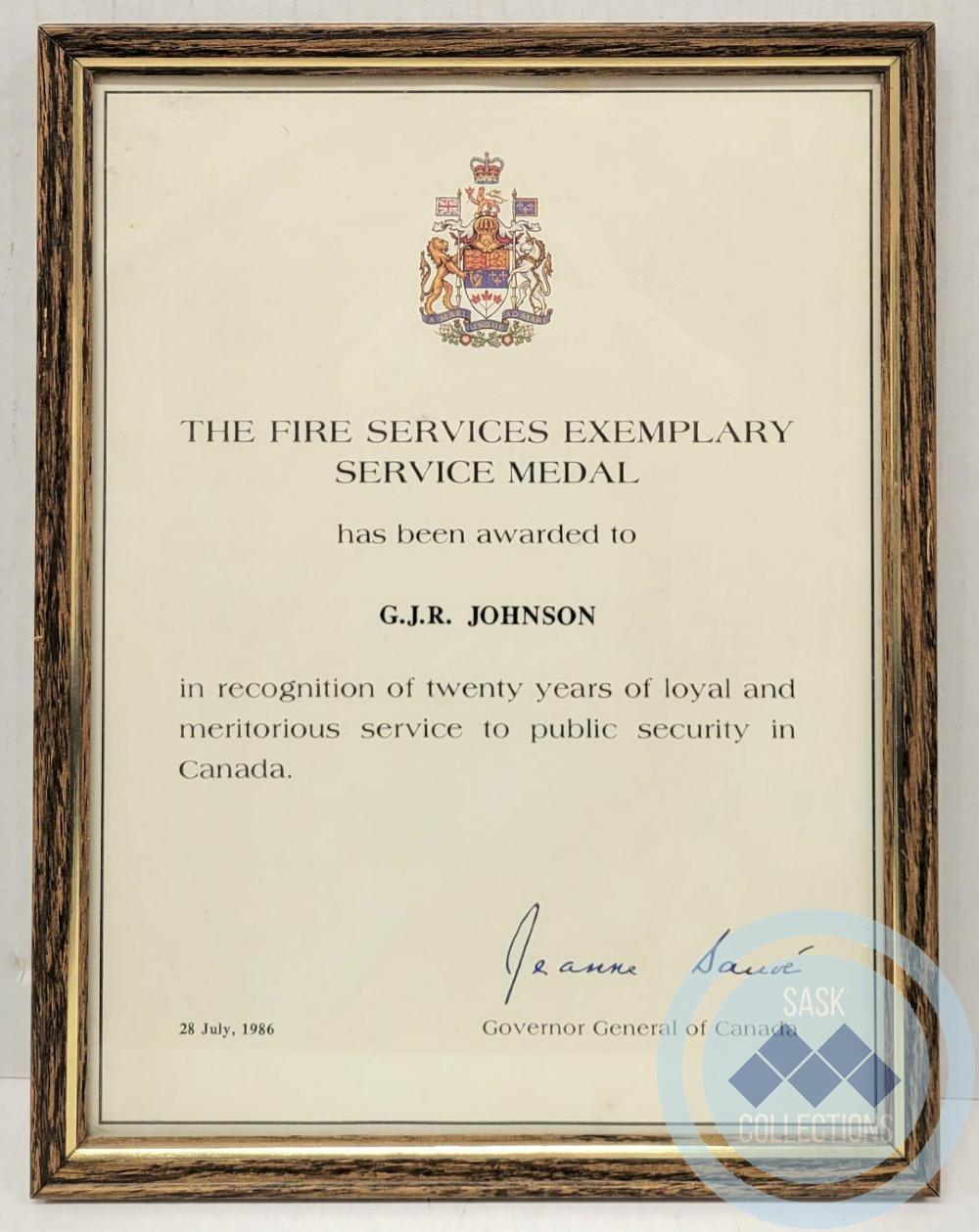The Fire Services Exemplary Service Medal Certificate