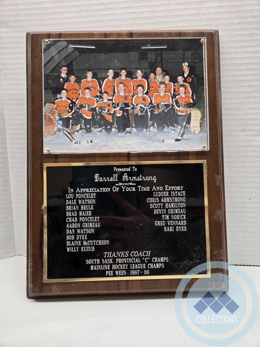 Darrell Armstrong Coach Appreciation Plaque from 1973-74 PeeWee Team