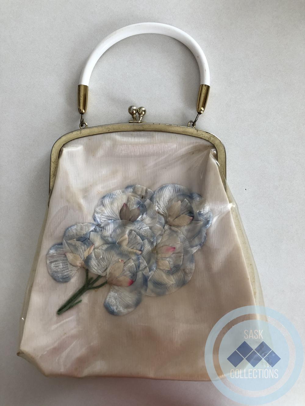 Purse - white plastic with blue flower - Norah Kay