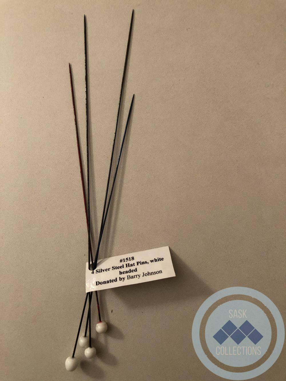 4 Silver Steel Hatpins, White Headed