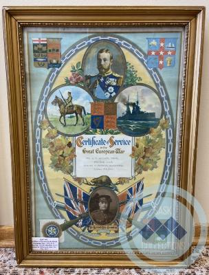 Certificate of Service in the Great European War - PTE. R. S. Armstrong, 105048, 68th Batt. C.E.F. Enlisted at Whitewood, Sask. Oct. 27th, 1915