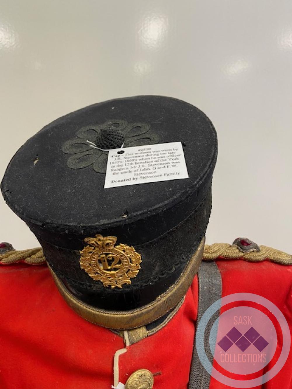Cap - This uniform was worn by J.R. Stevenson during the late 1850's-1860's when he was officer in the 12th battalion of the York Rangers. Mr J.R. Stevenson was the uncle of John G. and F.W. Stevenson