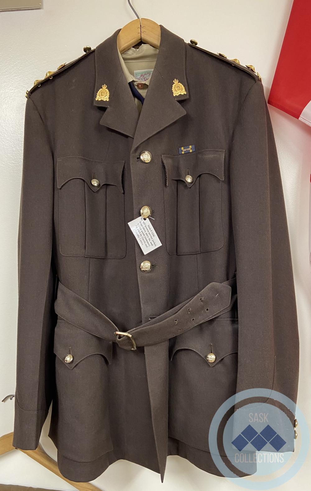 RCMP Brown Service Jacket, beige shirt, navy tie and brown pants (summer) - Buttons issued to rank and insignia